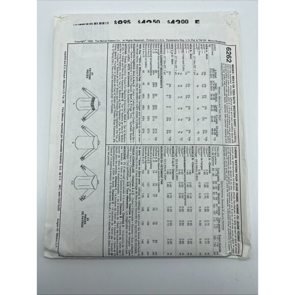 McCall’s 6262 Sewing Pattern Easy Western Shirt Men Women Size L Uncut 1992 - Picture 3 of 3